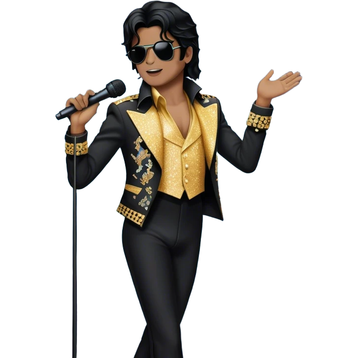 Create a dynamic and stylish emoji representing pop vocal performance with a vintage stage microphone as the central element, surrounded by iconic elements of Michael Jackson’s stage presence. Include a silhouette of his famous glittering jacket or sequined gloves, paired with the microphone to evoke his unique style. Add dramatic musical notes swirling around the microphone and jacket to symbolize the energy and showmanship of pop vocals. Use bold colors like gold, black, silver, and white to reflect the glamour and electrifying performance of a pop legend. The background should be transparent. emoji