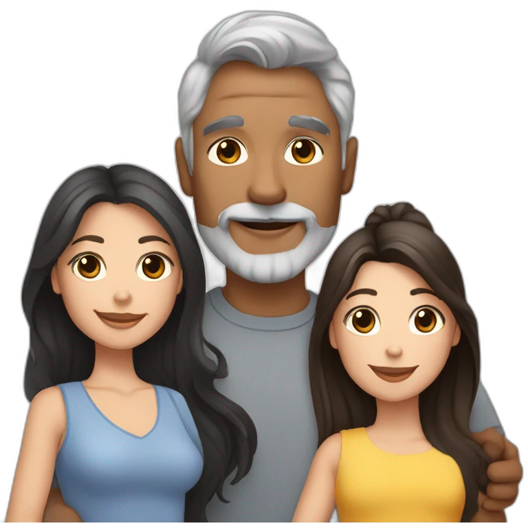 Family-father-mother with-grey-hair-two-brunettes-daughters-with-long-hair-and-one-black-French-bulldog emoji