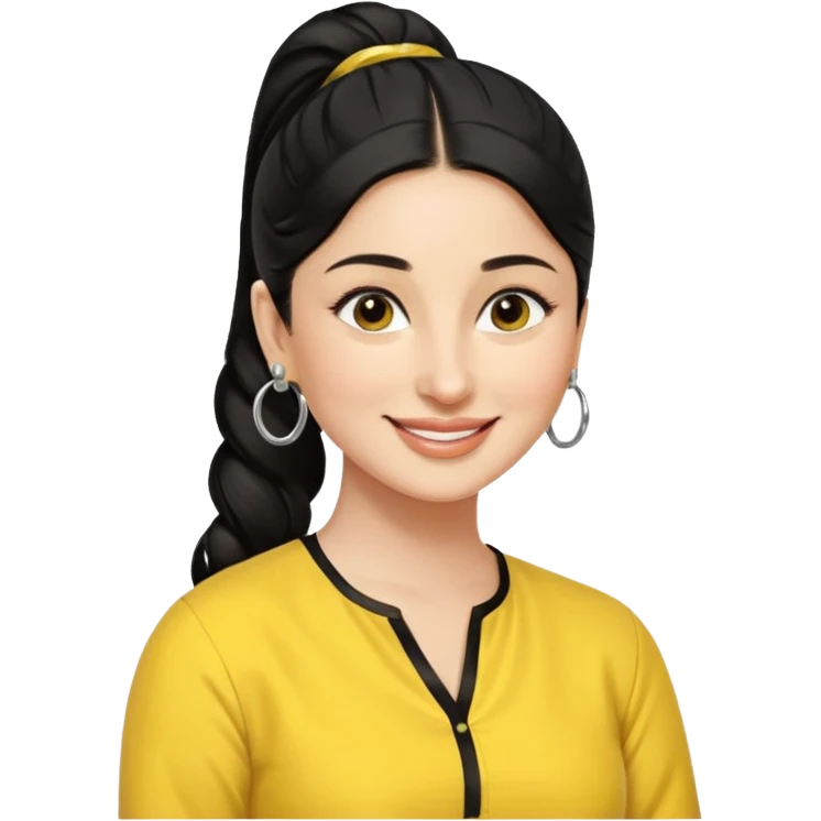 generate a pretty bratz emoji that looks like Kareena Kapoor's Geet character. 
Make her wear a yellow kurti, silver hoops, black hair in a ponytail. smiling big

She should look like Kareena Kapoor emoji