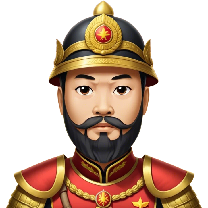 ​Cinematic Realistic Portrait of Trần Hưng Đạo, depicted as a revered Vietnamese general with his characteristic traditional Vietnamese beard and historic armor, his determined gaze illuminated by dramatic historical lighting that evokes his legendary martial spirit and leadership, emoji