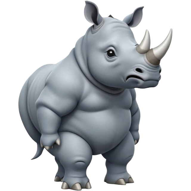 cinematic-rhino-full-body-standing-emoji,white horn, slate grey/blue skin -massive-body-poised-powerfully,-thick-horn-curving-slightly-forward,-head-tilted-dramatically,-rough-grey-hide-covered-in-dust,-simplified-focused-features, large cute black eyes emoji