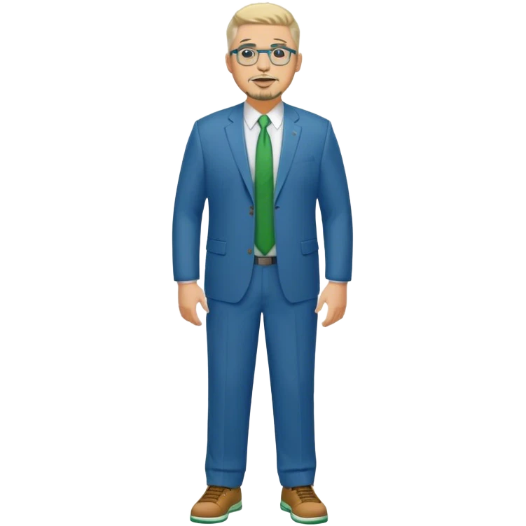 Full Body white male plus size wearing glasses with a goatee with light blonde and gray very short hair happy basketball head Coach in blue and green suit emoji