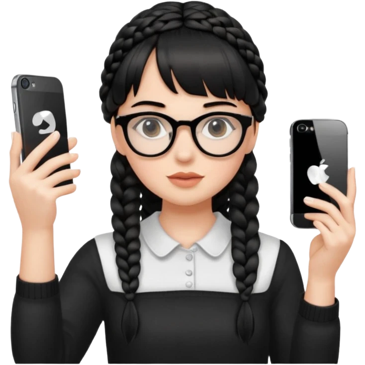 She's wearing black braided, full bangs and glasses and taking a mirror selfie with a white iPhone emoji
