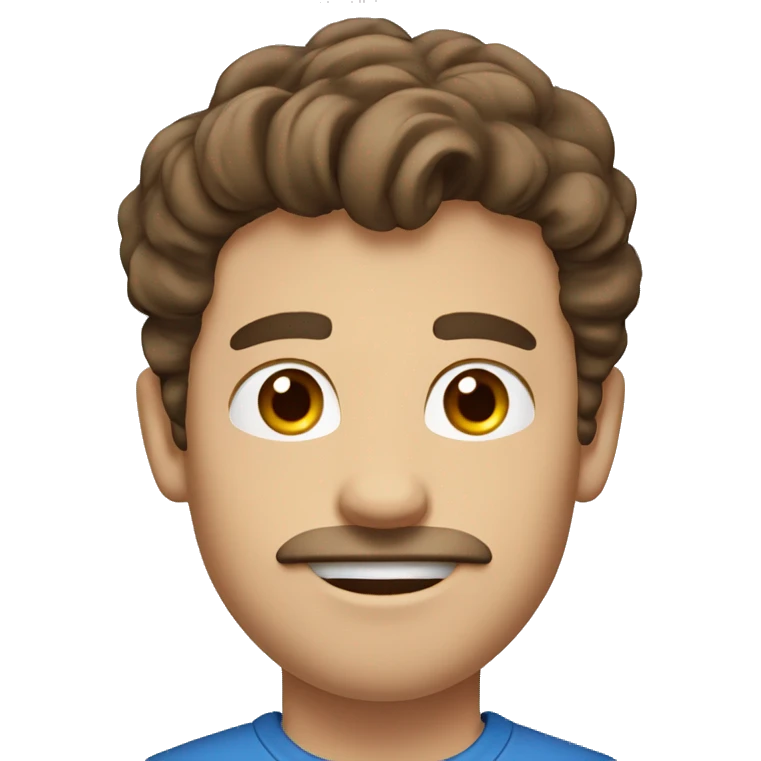 College guy with brown hair, hazel eyes, mustache, blue shirt emoji