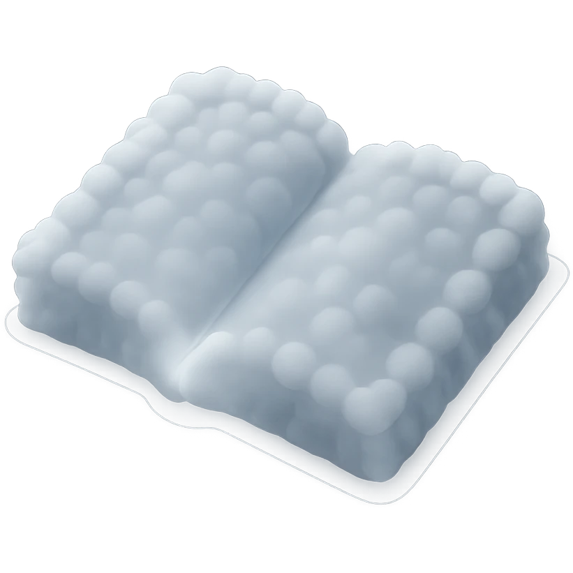 top view of a thick open book made entirely of small, very bright white fluffy convex clouds, matte glass style emoji