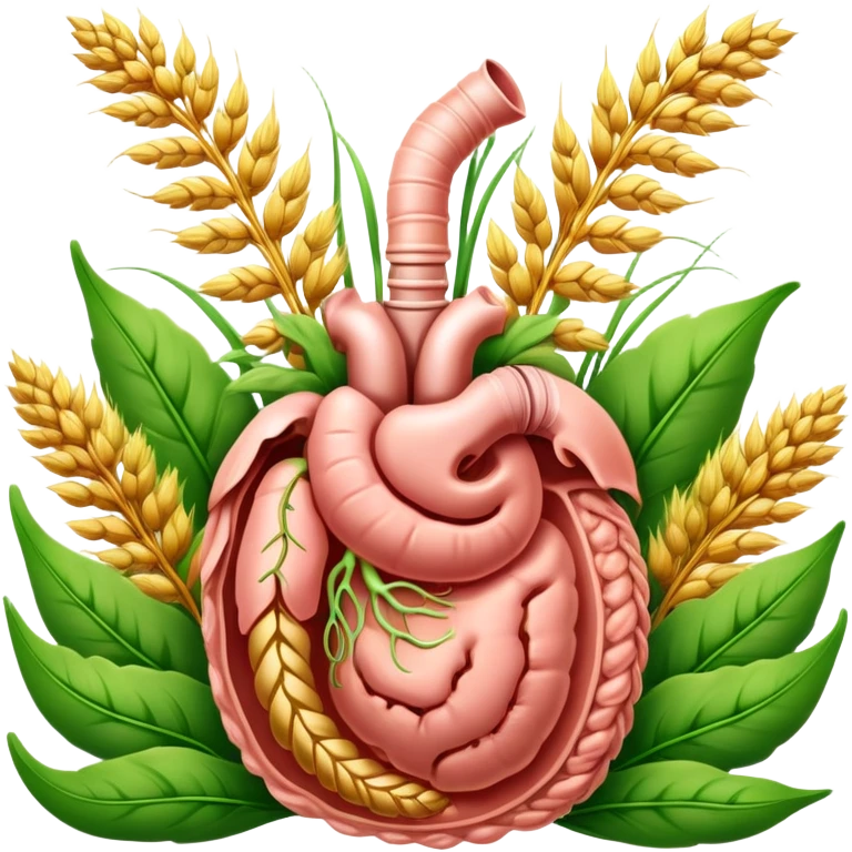 Human digestive system with esophagus, stomach, intestines, and colon, surrounded by golden wheat ears and green leaves, with glowing healing particles flowing through the digestive tract emoji