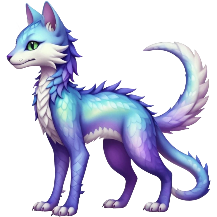 Kawaii iridescent beautiful pretty elegant divine edgy fantasy feline-vernid-sergal-fursona animal creature with a tufted tail full body with intricate markings  emoji