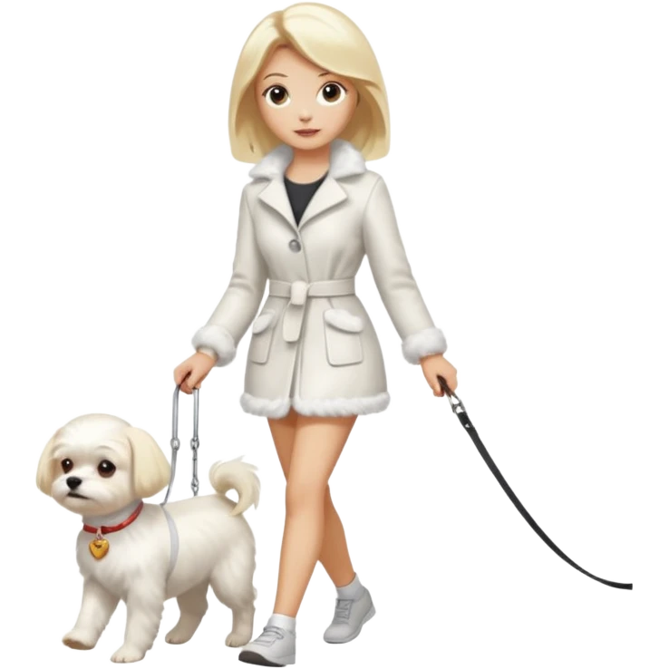 blonde woman, walking a small maltese dog. emoji