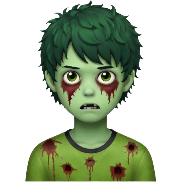 Boy, zombie, green skin, black curly wavy hair with bangs, short , round shaped hair, emo, dark, bored expression emoji