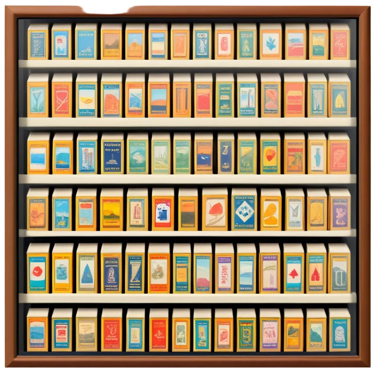Icon for Matchbox Collecting: a collection of vintage and colorful matchboxes from different places, neatly displayed in a row or in a display case. The icon should reflect the uniqueness and diversity of matchbox collecting. Transparent background. emoji