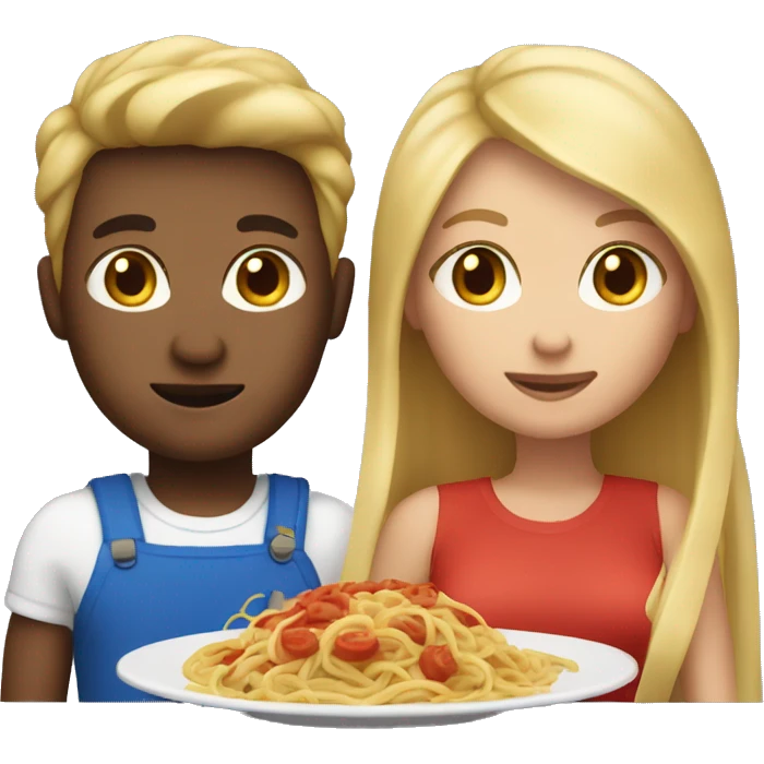 couple with light skin and dark blonde hair and blue eyes eating spaghetti emoji