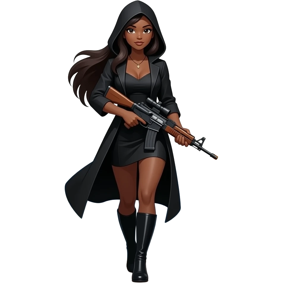 Muejer de tés morena vestida de negro y encapuchada de la cara y pasa montañas con el pelo largo con un rifle con fuego bonita y arreglada emoji