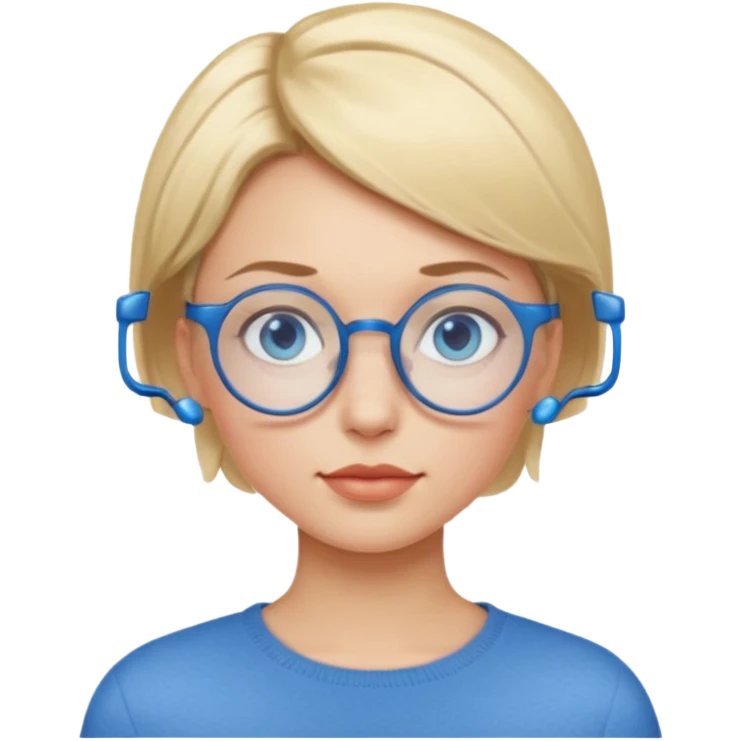 woman with very short side parted blonde haire, blue eyes and blue round glasses emoji