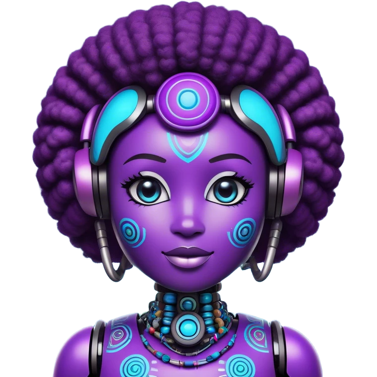 Design a bold, futuristic, and playful AI-powered mascot for Usabi, an African edtech platform teaching AI, digital, and vocational skills. The mascot should be a fun, friendly, and tech-savvy character with a vibrant personality, inspired by Nigerian culture. Think of an Afro-futuristic AI assistant with expressive emoji-like facial features, a sleek robotic or holographic aesthetic, and traditional African design elements (such as Ankara patterns, tribal marks, or bead accessories). The colors should be modern and eye-catching, reflecting tech and learning—blues, purples, and neon accents. The mascot should feel approachable, smart, and slightly mischievous, like a witty AI tutor that engages users with humor. Make sure it looks great as an app icon, social media avatar, and website assistant! emoji