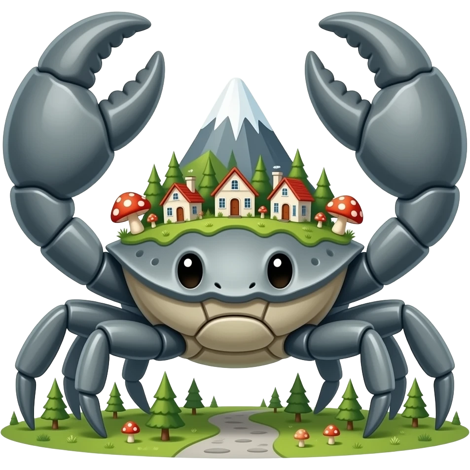 A Gray crab with houses on top of its  in trees on it and also with mushrooms on it  facing forward Giant by a mountain emoji