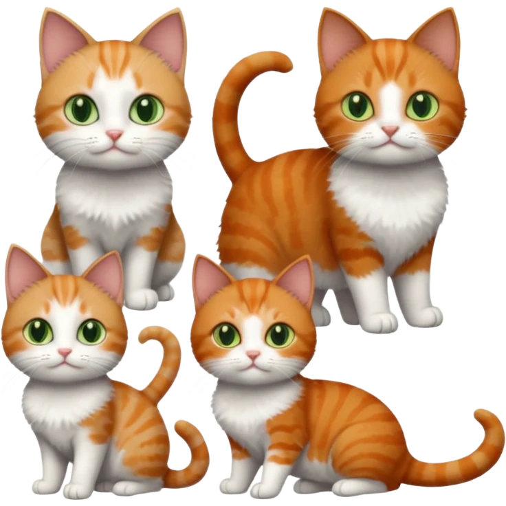 full body of 3 tiny short hair cats including a dark grey and white cat with green eyes, a ginger and white with orange eyes and a brown tabby and white with hazel eyes emoji