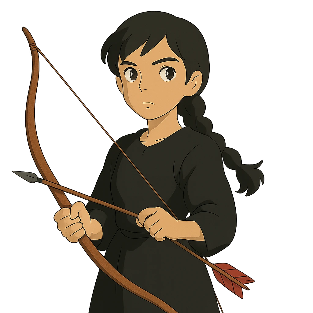 ghibli style girl with olive skin, gray eyes, black hair in a side braid, black outfit, bow and arrow emoji