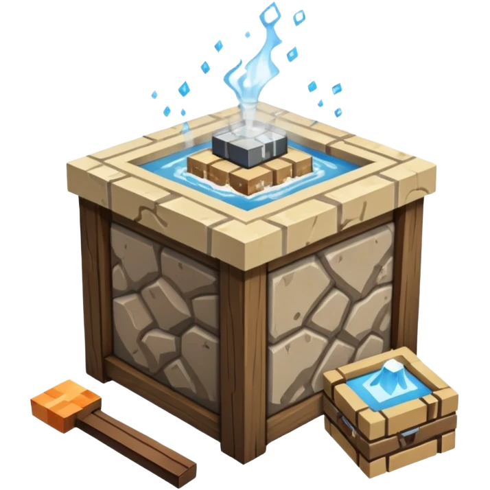 crafting table with tools, stone, wood, glass, sand, steam, water... like a minecraft style cube crafting table 100% like a minecraft table crafting emoji