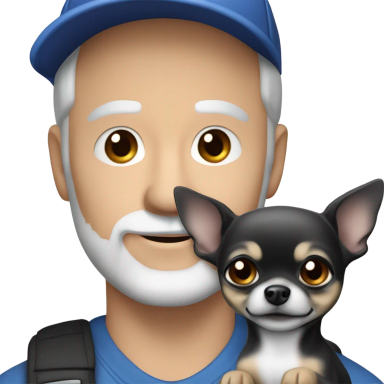 blue eyed man, with grey hair,  and grey goatee beard, wearing ball cap, holding ‘a black long hair chihuahua’ emoji