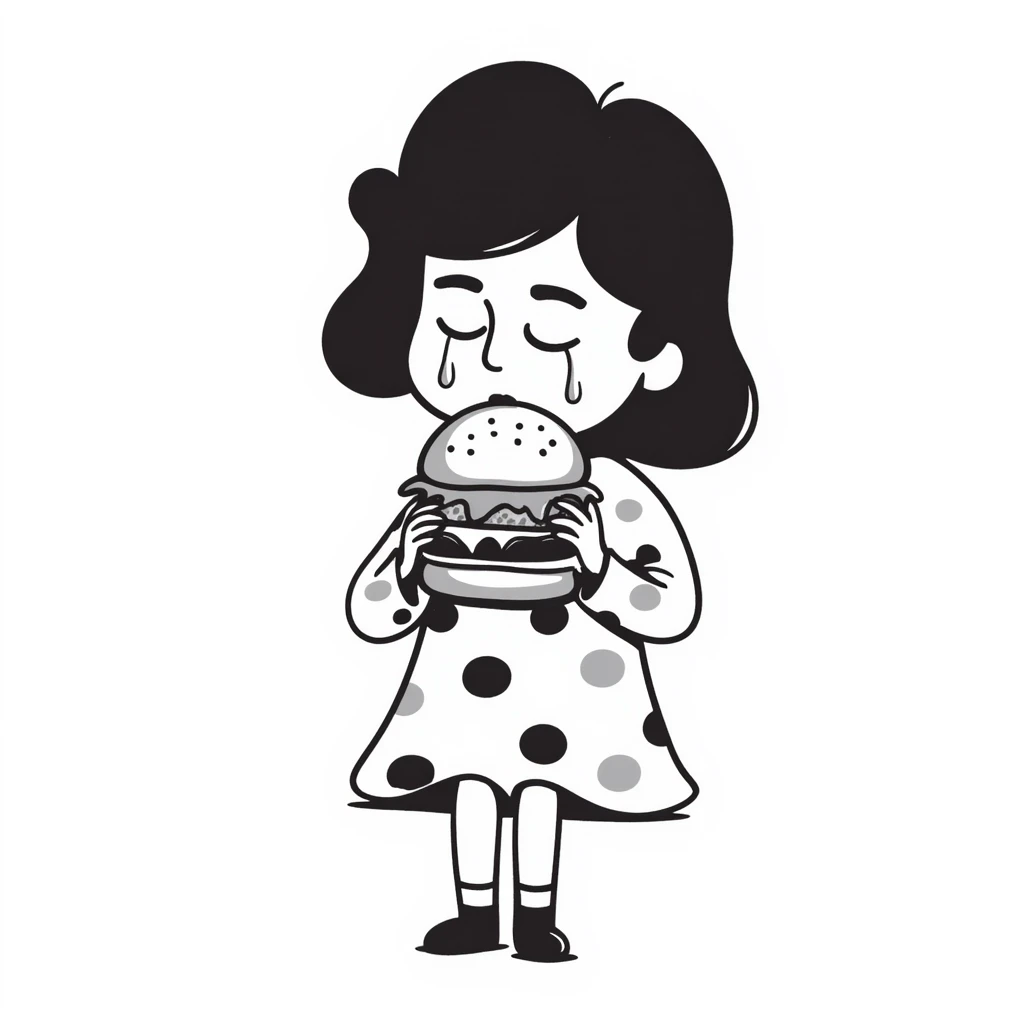 fat girl crying and eating a burger emoji