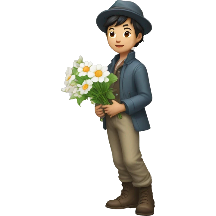 artful dodger white asian boy stands and holds various flowers emoji