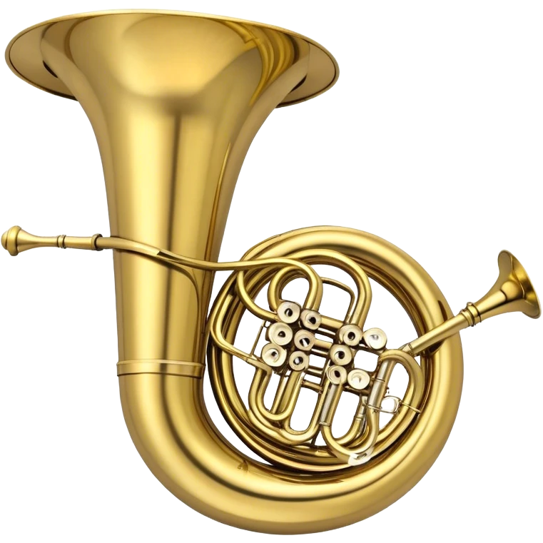 Create a large and bold emoji representing a tuba. The design should feature the tuba’s iconic, large, curved brass body, with its wide bell and tubing wrapping around. Highlight the visible valves and their metal buttons, showcasing the characteristic structure of the instrument. The brass finish should be shiny, with golden tones and subtle reflective light effects to highlight its polished surface. Add soft musical notes or soundwaves emanating from the bell to evoke the deep, resonant sound of the tuba. The background should be transparent. emoji