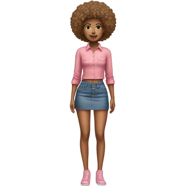 Tan girl with Afro and pink button top and jean skirt full body posing emoji