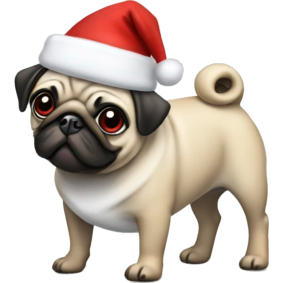 A female pug wearing red heels and a Santa hat emoji