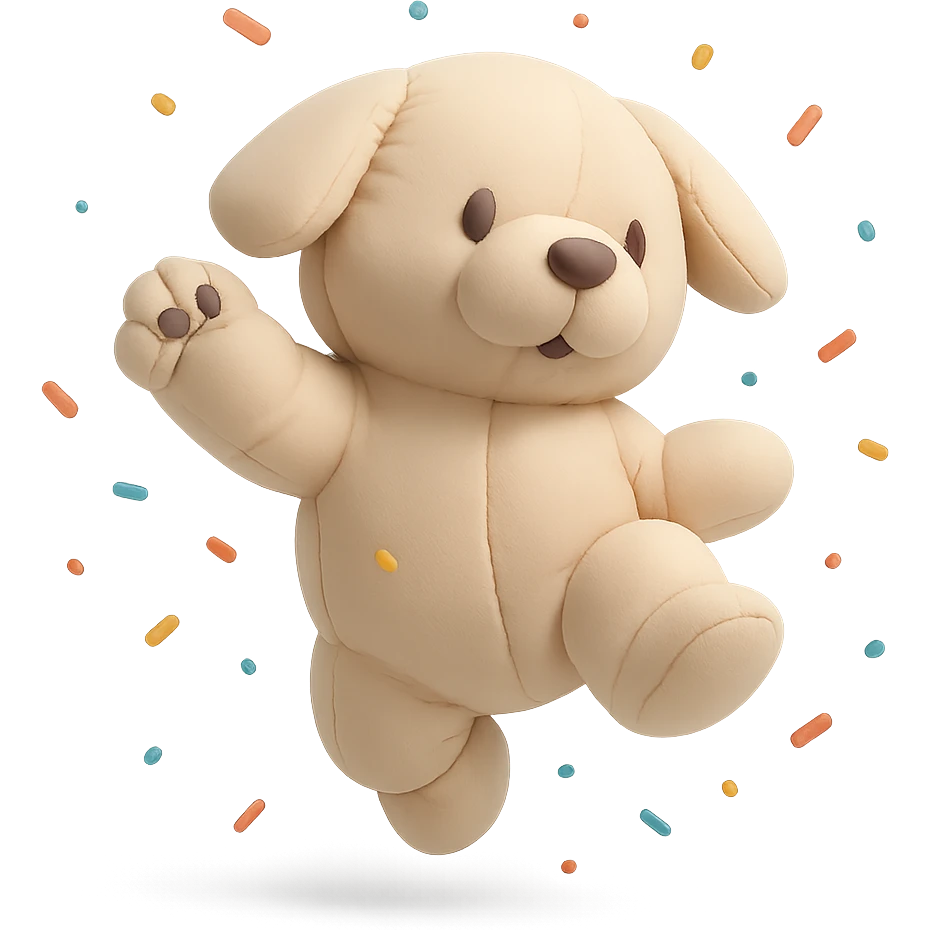 puppy jumping in confetti with paw up, cushion style emoji