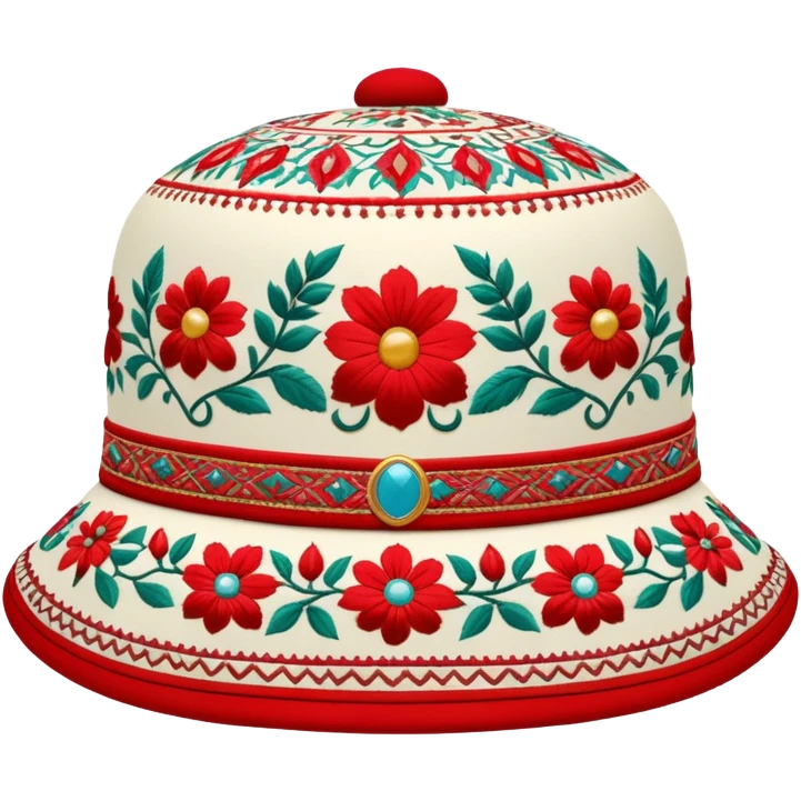 Fergana Valley style doppa hat with red base and floral designs emoji