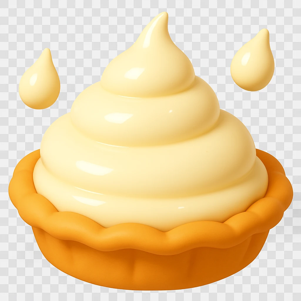 Frame 4 of 15: Cream pie with three cream droplets, playful 3D emoji style, golden brown crust, same angle as reference emoji