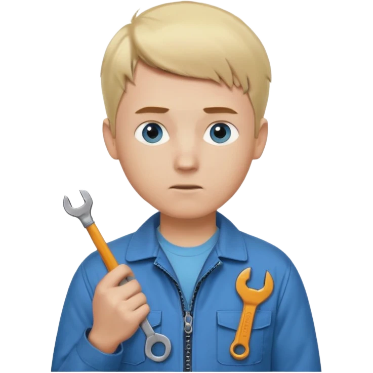 Calm and independent male technician, fair skin, short blonde hair, cool light-blue eyes, serious but composed expression, wearing a blue work jacket over a grey t-shirt, holding a wrench in one hand and a mechanical gear in the other, waist-up, front-facing emoji
