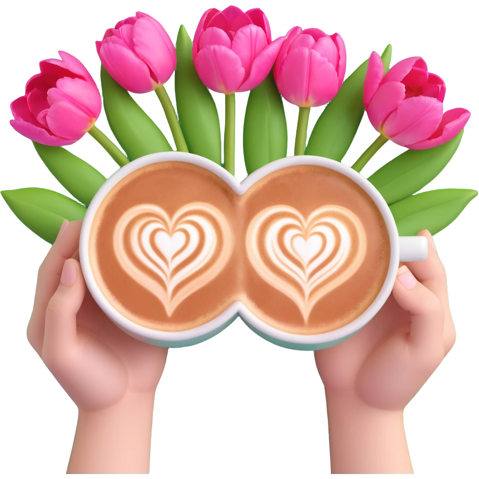 two hands holding a cup of coffee with heart-shaped latte art, pink tulip flowers and green leaves behind the cup, soft pastel background emoji