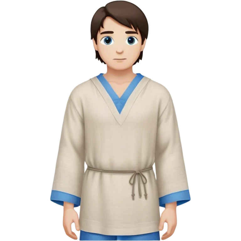 medieval spring outfit worn by a DnD themed fantasy male character. simple linen tunic with a drawstring neckline, paired with a lightweight wool shoulder wrap for mild breezes. clothes only above the waist. The clothes full waist. The character's haven't arms. character is white-skinned, dark brown hair, blue eyes, medium-length straight hair. emoji