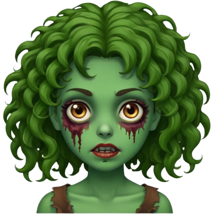 Faça uma garota zombie de cabelo cacheado castanho, olhos castanhos escuro e pele verde d zombie, com o cabelo grande emoji