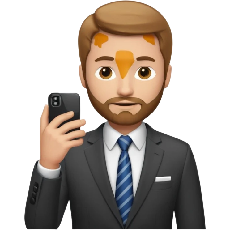 Un hombre con un poco de barba,  de traje con tez clara pelo color castaño, vestido con traje camisa y corbata y celular en mano .  emoji