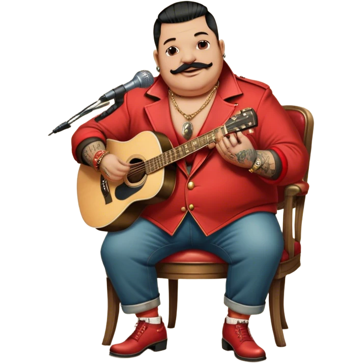 Icon for Chanson: Old fat chanson singer with tattoos and short moustache, red jacket, gold chains and braslettes, sitting on a chair with an acoustic guitar and standing microphone. The atmosphere should reflect a nostalgic, soulful vibe with vintage elements. Transparent background. emoji