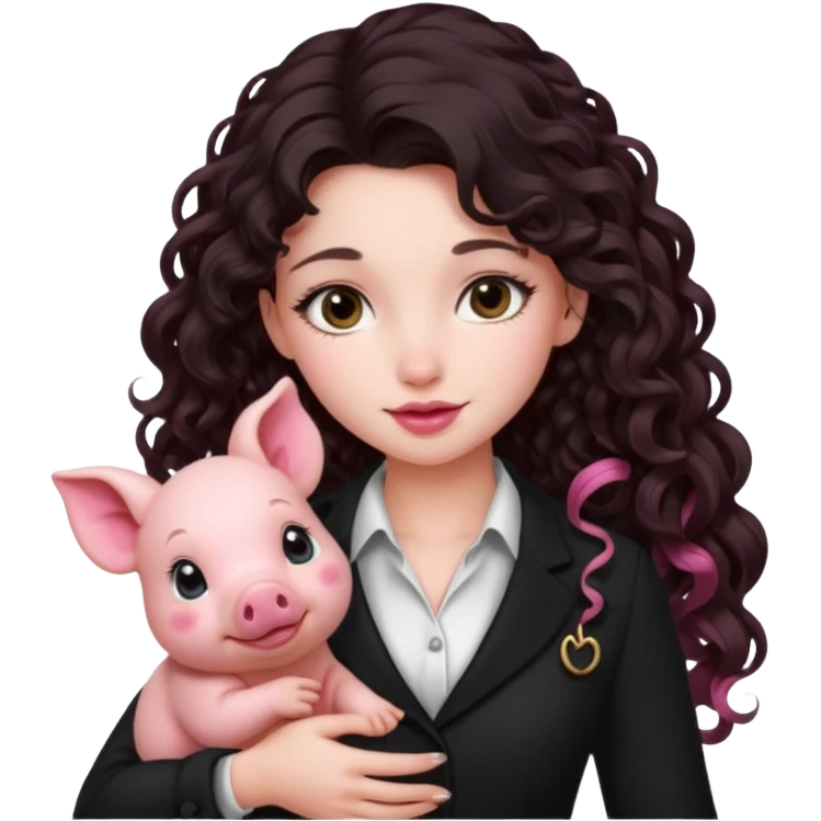 Ragazza bellissima sexy vestita bene capelli lunghi scuri con un piccolo maialino emoji