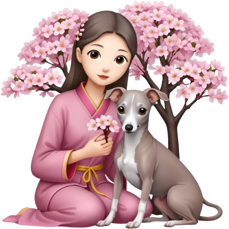 A young Chinese girl and a grey Italian Greyhound sitting under a cherry blossom tree emoji