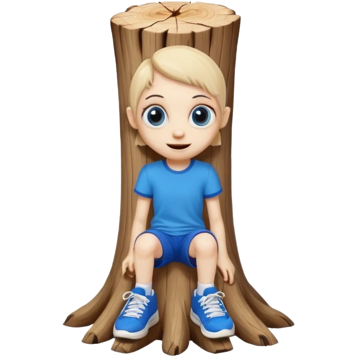 skinny wooden stump character with big eyes and creepy smile, wearing blue sneakers emoji
