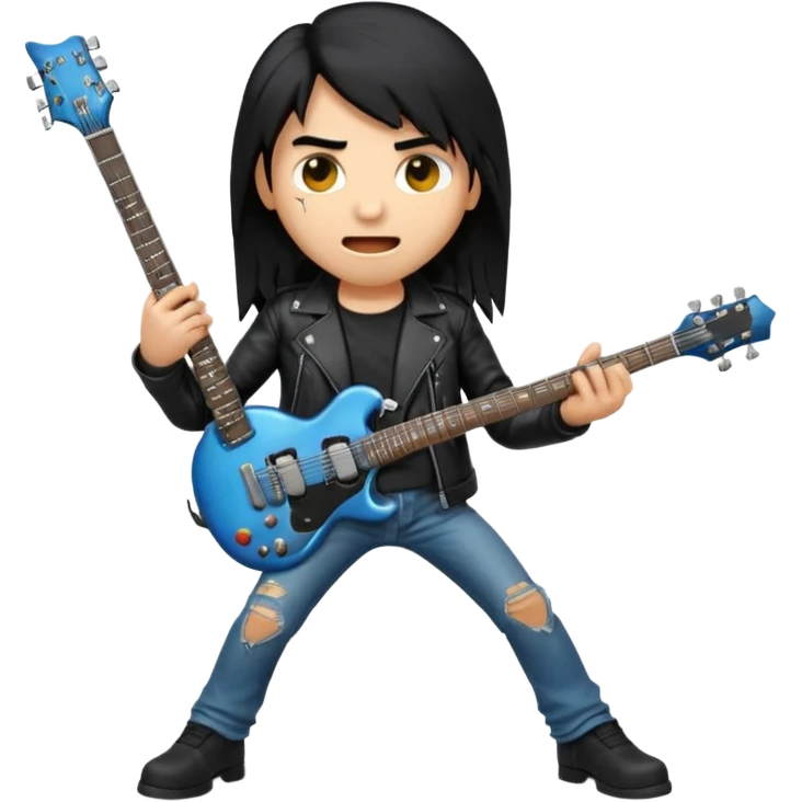 3D Apple-style emoji of a metal musician. Long hair, black leather jacket, ripped jeans, holding an electric guitar. Intense expression, glossy, rounded, smooth, soft shadows, white background.










 emoji