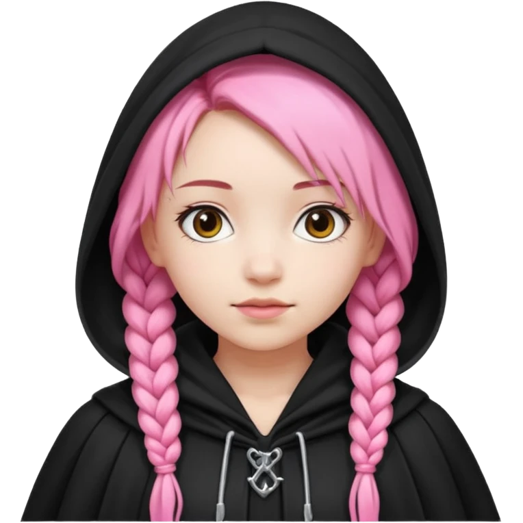 pink braids hair kid girl, white skin, wear black cloak emoji