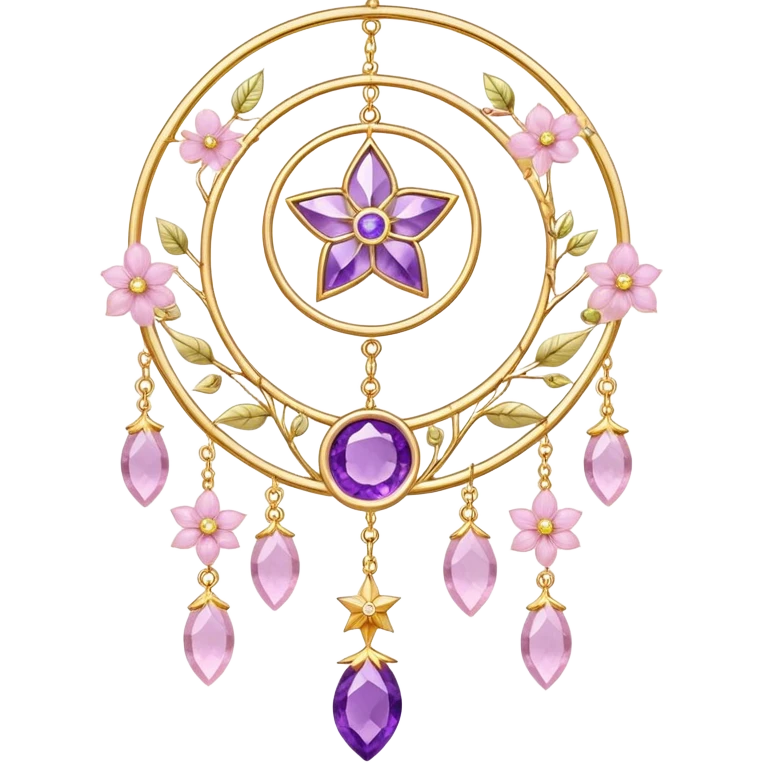 Epic beautiful gorgeous cute gold suncatcher, threads with shiny sparkly amethyst and rose-quartz gemstones, flowers, moons, stars, leaves emoji