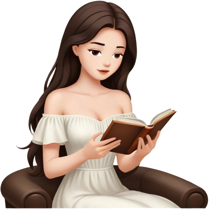 Beautiful woman in 1950’s woman fashion look, off-shoulder white dress, long dark brown hair, reading  emoji