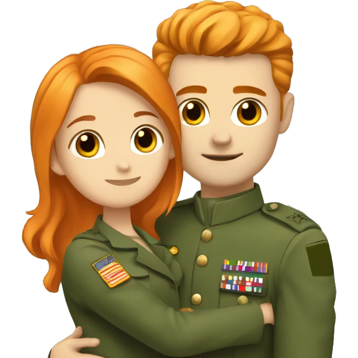 a orange hair girl hugs, a dark haired white man in a green military uniform emoji
