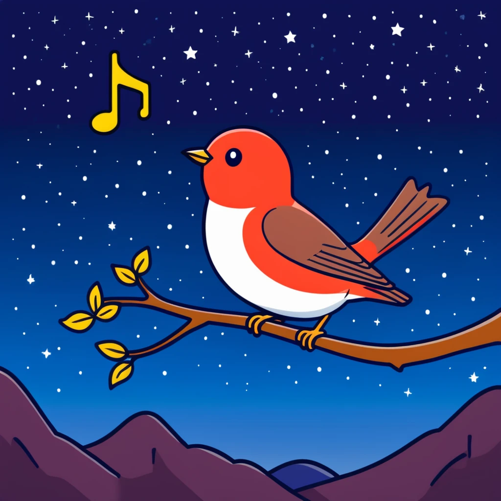 a nightingale bird singing with musical notes visible, flying against a dark starry night sky emoji