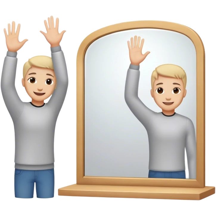 A person standing in front of a mirror, smiling slightly as they raise their hand for a self high-five. Their reflection looks back, showing a small but noticeable shift—from hesitation to self-acceptance. emoji