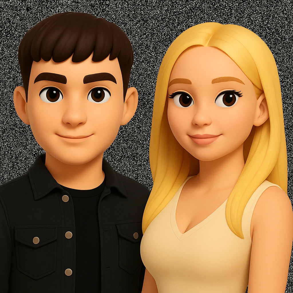 Slightly increase the volume of the upper body of the girl, separate the girl and the boy from each other, make the skin color the same for both characters, while preserving the cartoonish 3D style as in the reference image. emoji