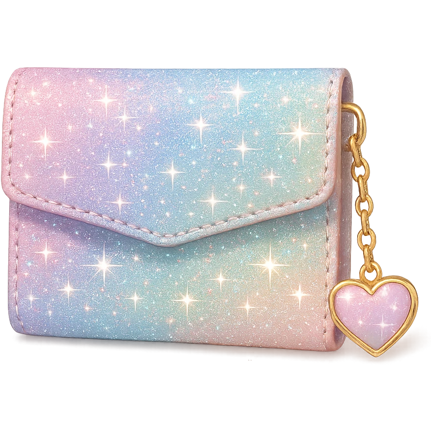 girly sparkling wallet with heart charm, no background, pastel colors, shiny and glittering emoji
