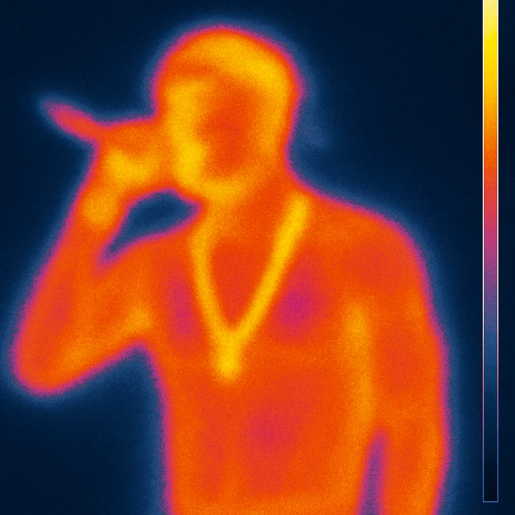 2Pac rapper in thermal camera style with a background, holding a microphone and wearing a chain emoji